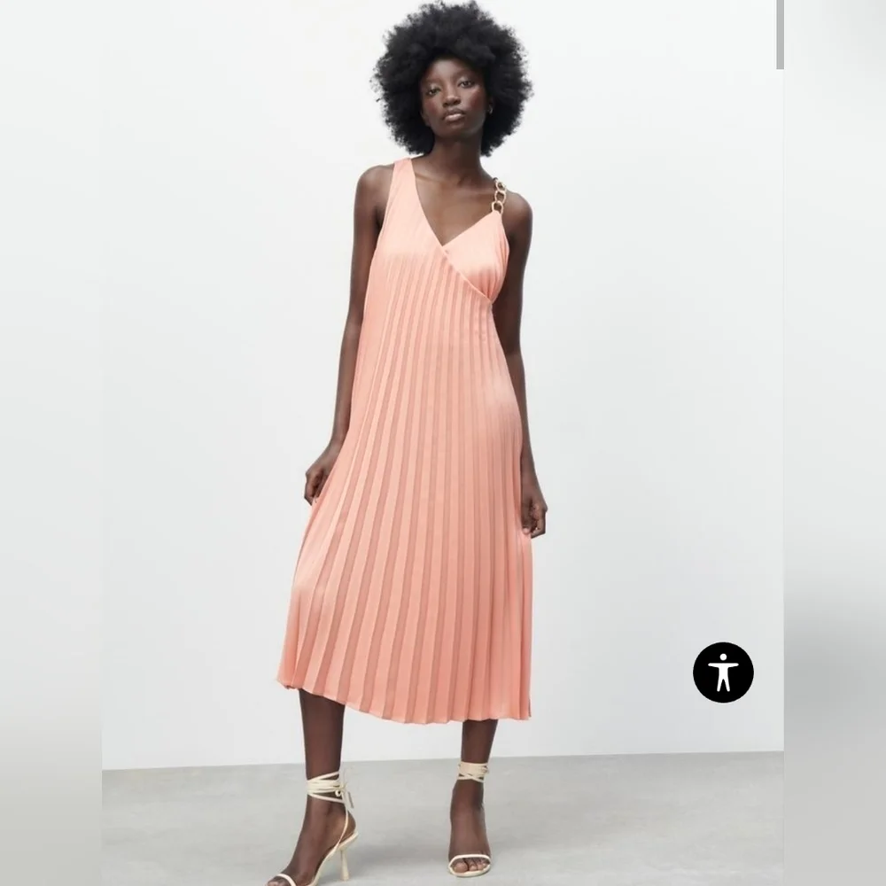 zara gold pleated dress Georgia Hardinge